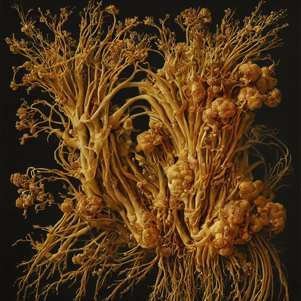 Image similar to dutch golden age bizarre ginger roots portrait made from withering flowers floral still life with very detailed ginseng rhizome and dry roots disturbing fractal forms sprouting up everywhere by rachel ruysch black background chiaroscuro dramatic lighting perfect composition high definition 8 k oil painting with black background by christian rex van dali todd schorr of a chiaroscuro portrait recursive masterpiece