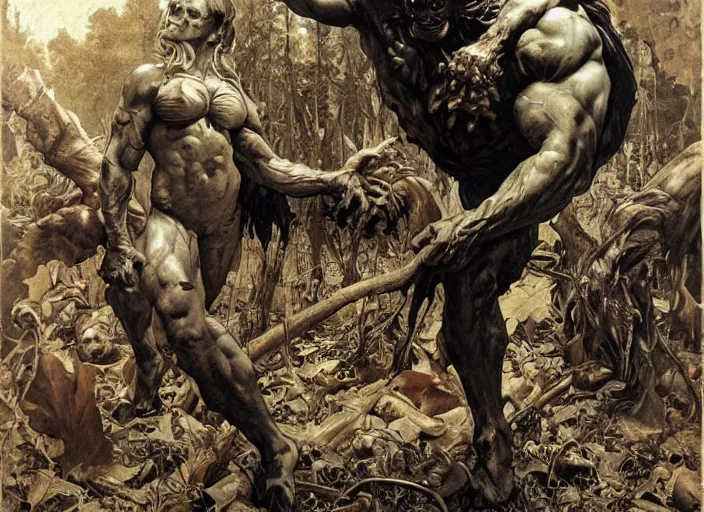 Prompt: renaissance grotesque full body portrait painting of angry bodybuilder swamp thing walking to the camera, camera puller back far, in a plane crash wasteland, landfill, elegant artwork by lee bermejo and greg rutkowski and alphonse mucha