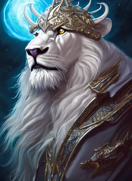 Prompt: anthropomorphized white lion wizard casting magic bright light spell, smiling, casting spell, concept art, insanely detailed and intricate, hypermaximalist, elegant, ornate, hyper realistic, super detailed, art deco, cinematic, trending on artstation, magic the gathering artwork