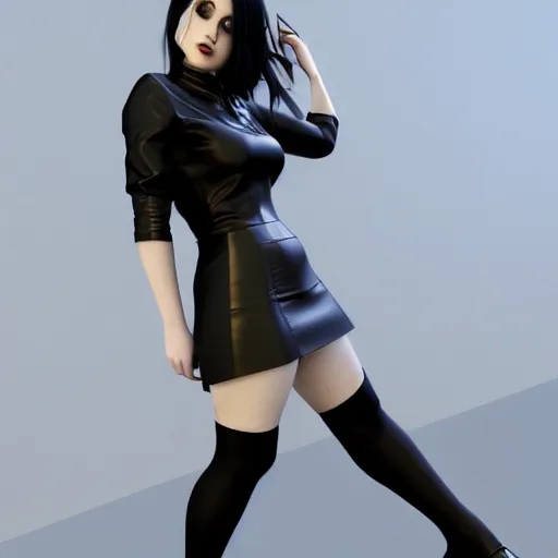 Image similar to curvy feminine hot goth cutie with sublime modest elegant checkered leather dress, leather stockings, cgsociety, photorealistic, comfy ambience, idealistic, 16k, smooth, sharp focus, trending on ArtStation, volumetric lighting, fully clothed, worksafe