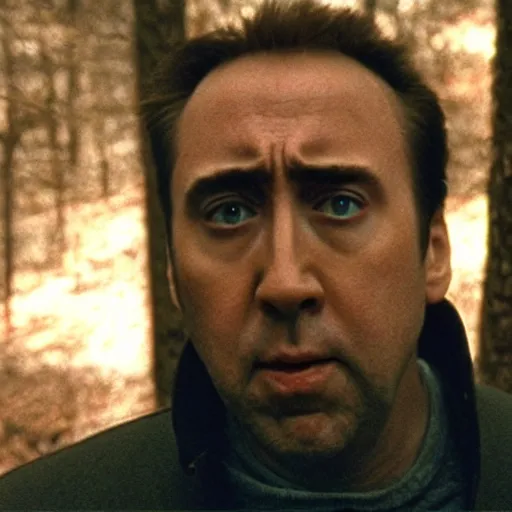 Image similar to nic cage in blair witch project, movie still,