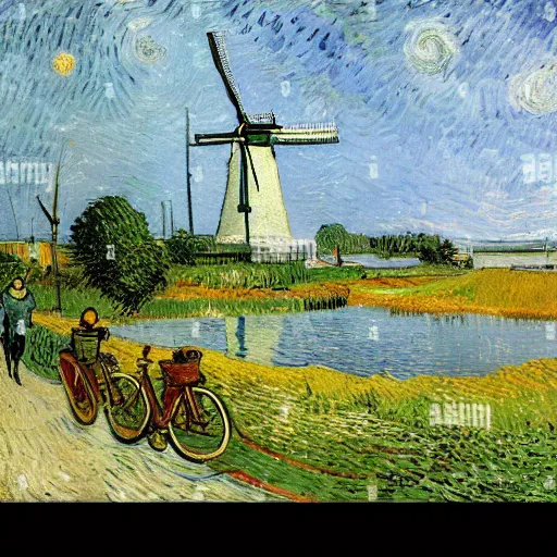 Image similar to the dutch landscape with traditional windmills standing next to a lake, lots of bicycles and a man drinken beer by Vincent van Gogh,