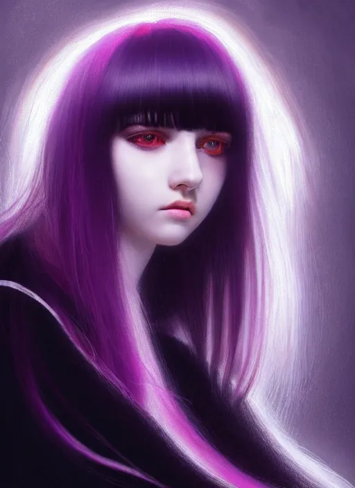 Image similar to hair whitebangs hair, black hair, portrait of teenage girl with white bangs, whitebangsblackhair, messy bangs, curly bangs, whitebangs, red irises, purple clothes, intricate, elegant, glowing lights, highly detailed, digital painting, artstation, concept art, sharp focus, illustration, art by wlop, mars ravelo and greg rutkowski