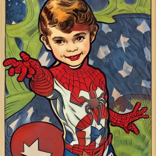 Image similar to a little girl with a mischievous face and light brown curly wavy hair. she is dressed as captain america, spider - man, batman, captain marvel, a superhero. well composed, clean elegant painting, beautiful detailed face. by steve ditko and jack kirby and alphonse mucha