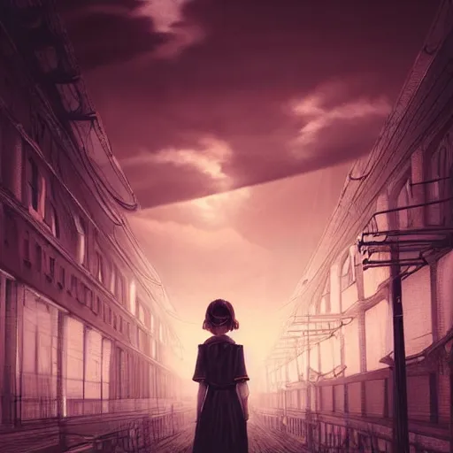 Image similar to a beautiful Cotton Mill Girl, symmetrical, centered, dramatic angle, ornate, details, smooth, sharp focus, illustration, realistic, cinematic, artstation, award winning, rgb , unreal engine, octane render, cinematic light, macro, depth of field, blur, red light and clouds from the back, highly detailed epic cinematic concept art CG render made in Maya, Blender and Photoshop, octane render, excellent composition, dynamic dramatic cinematic lighting, aesthetic, very inspirational, arthouse by Henri Cartier Bresson