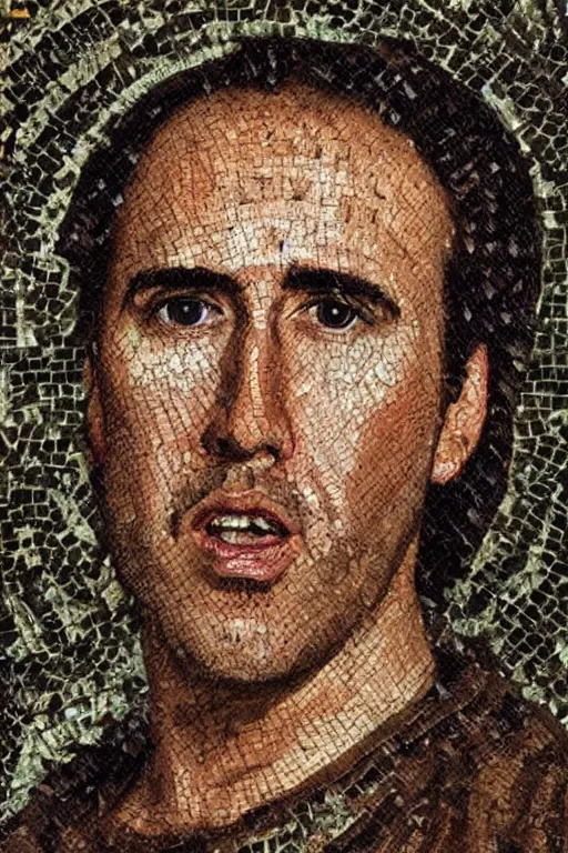 Image similar to Portrait of Nicholas Cage as a roman mosaic, 200 AD