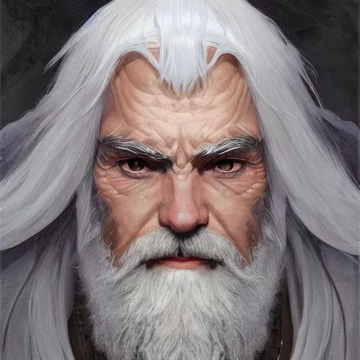 Prompt: old male archmage, large bushy eyebrows, white and gold robes, white beard, D&D, fantasy, intricate, elegant, highly detailed, digital painting, artstation, concept art, smooth, sharp focus, illustration, art by artgerm and greg rutkowski and alphonse mucha