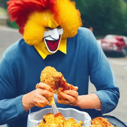 Image similar to Ronald McDonald eating a chicken leg out of a KFC bucket, hyper realistic, photography