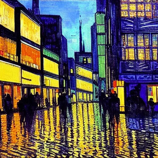 Image similar to a cyberpunk painting of a cityscape by Van Gogh