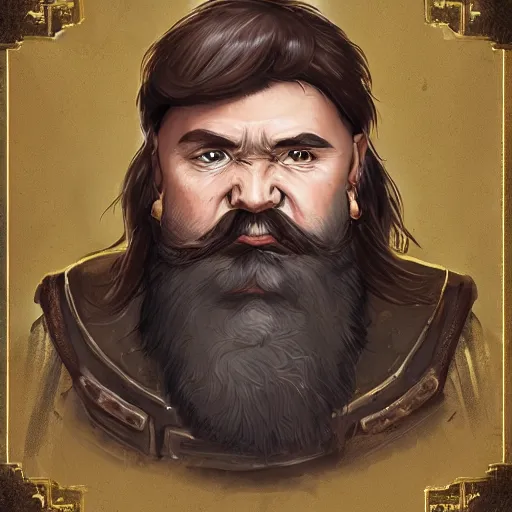 Image similar to portrait, 40 years old man :: fantasy dwarf, thin :: beard, brown eyes, short pure white hair :: full plate armor, golden emblems :: high detail, digital art, RPG, concept art, illustration