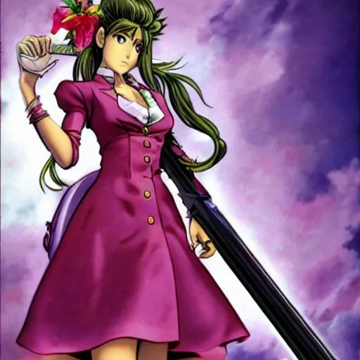 Image similar to aerith gainsborough in jojos bizarre adventure, high quality