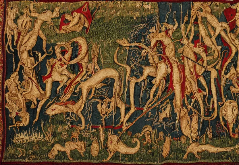 Image similar to a medieval tapestry of a tarnished fighting the elden beast from elden ring