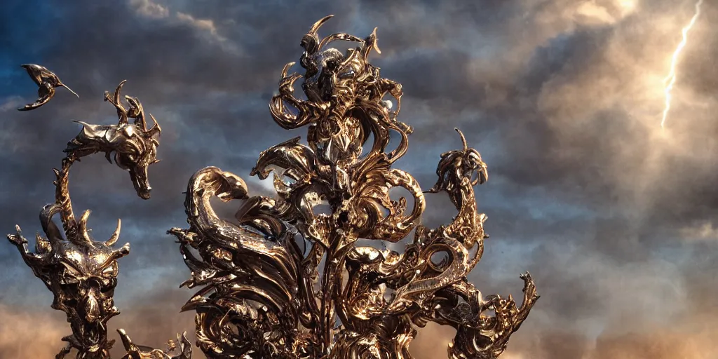 Image similar to white bird skulls, gold ram skulls, copper goat skulls, grand imposing powerful sculpture. swirls of mist. sunrise, light beams. occult photorealism, uhd, amazing depth, volumetric lighting, cinematic lighting. epic landscape.