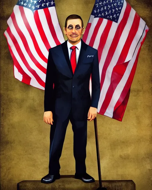Image similar to a man in a suit and tie standing in front of flags, a character portrait by arlington nelson lindenmuth, reddit contest winner, private press, character, contest winner, adafruit - c 9. 0