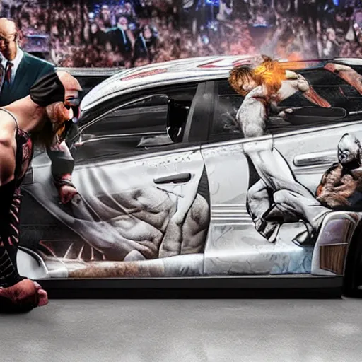 Image similar to a humanoid car wrestling conor mcgregor, ultra detailed, ultra realistic