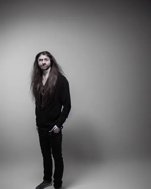 Prompt: portrait of a young man with long hair ; studio photoshoot ; cinematic light ; studio light ; designer jewelry ; dark background ; shining ; annie leibovitz style ; kodak portra ; photorealistic