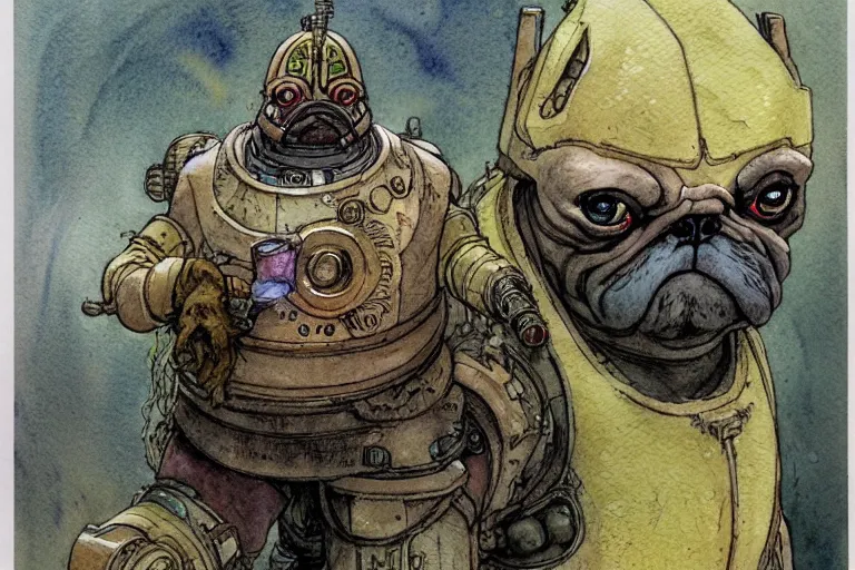 Image similar to a simple and atmospheric watercolour fantasy character concept art portrait of a mechanized android pug as a druidic warrior wizard looking at the camera with an intelligent gaze, very muted colors, by rebecca guay, michael kaluta, charles vess and jean moebius giraud