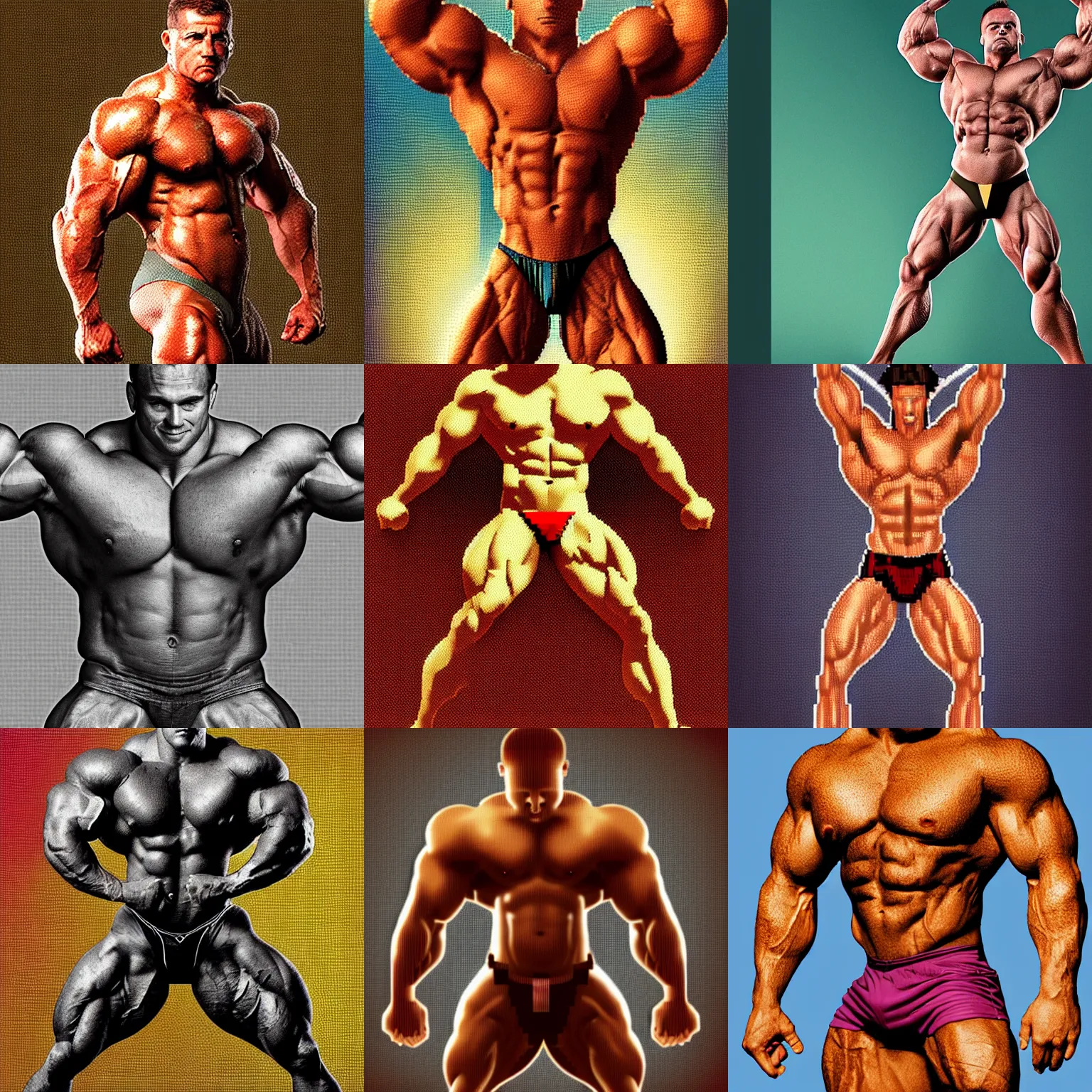 Prompt: a muscular bodybuilder man, fantastic lighting, pixel art, high detail, 1 6 bits, 2 d, pointillisme