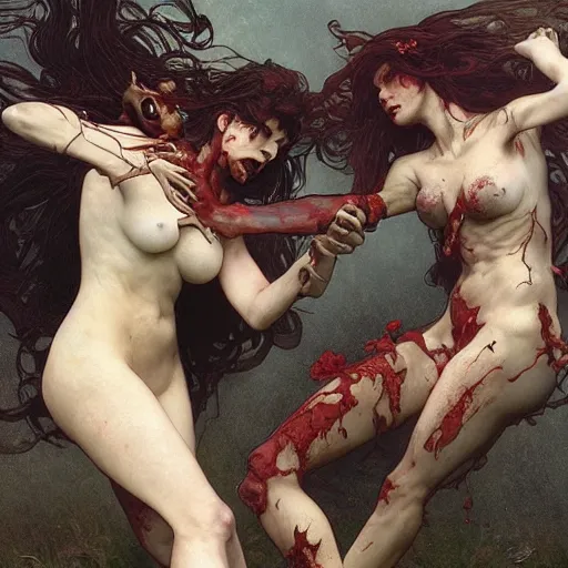 Image similar to two angry zombie girls attacking each other, intricate, art by artgerm and greg rutkowski and alphonse mucha and william - adolphe bouguereau, high detailed, 4 k,