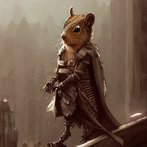 Prompt: Anthropomorphic Squirrel in cloak sitting atop a roof in a decimated city rossdraws,greg rutkowski,and Sarah Andersen,ambient style, very detailed,detailed armor,detailed helmet,movie poster type,cinematic lighting