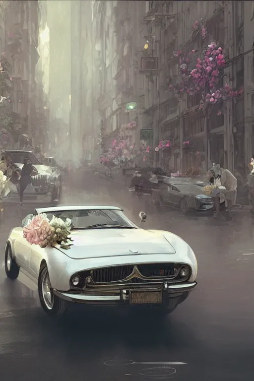 Prompt: ultra realistic illustration, old white vintage car in the city with flowers blooming out the window, elegant, highly detailed, digital painting, concept art, smooth, sharp focus, illustration, art by greg rutkowski and alphonse mucha