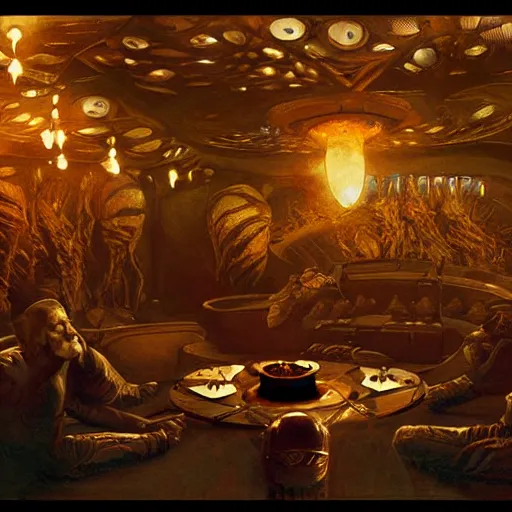 Prompt: scene from prometheus movie, syd mead artlilery spaceship lands in country tavern, filigree ornaments, volumetric lights, micheal whelan