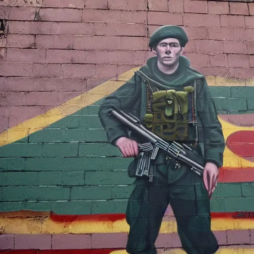 Image similar to irish republican army soldier posing next to a mural in belfast in the 1 9 7 0 s, 8 k detail