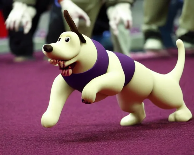 Prompt: gromit made of clay, running the agility course at the westminster kennel club dog show