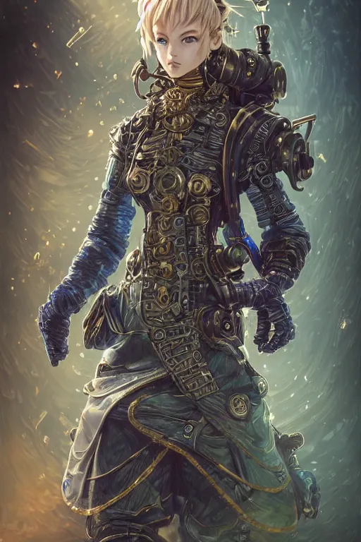 Prompt: a Portrait of a steampunk sci-fi ninja, third person, D&D, sci-fi fantasy, intricate, blue and gold, highly detailed , art by Range Murata, rim lighting, highly detailed, 3d, octane render, bright colors, digital painting, trending on artstation, sharp focus, illustration style of Stanley Artgerm,