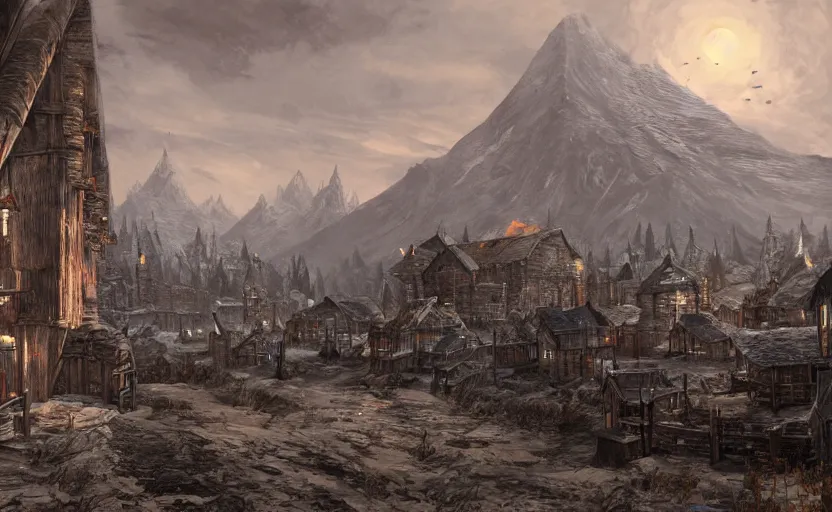 Image similar to whiterun in the style of vsevolod ivanov, hyperborea, concept art