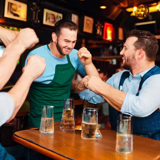 Prompt: 90mm color photo of a man elbowing another man at the local pub