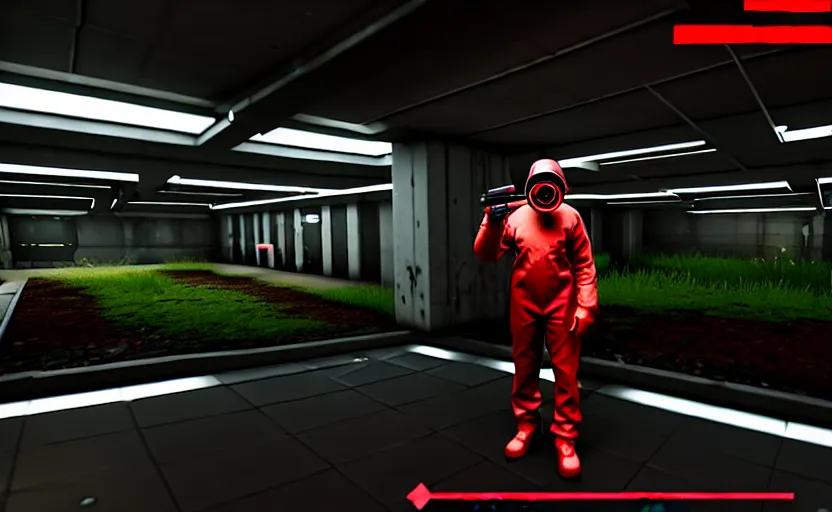 Image similar to in-game screenshot of a dark red hazmat scientist holding a gun walking on unreal engine 5, in a liminal underground garden, retrofuturism, brutalism, staggered terraces, minimalist