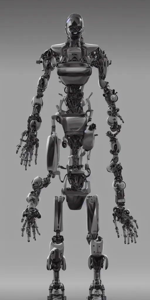 Image similar to a robot is standing in a black and white photo, a 3 d render by senior character artist, cgsociety, afrofuturism, hard surface modeling, cryengine, zbrush