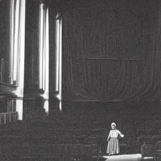 Image similar to an actress on stage in an old theater, only a single visitor in the audience, by alfred stephens