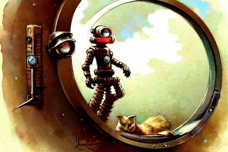 Image similar to adventurer ( ( ( ( ( 1 9 5 0 s retro future robot android porthole window. muted colors. ) ) ) ) ) by jean baptiste monge!!!!!!!!!!!!!!!!!!!!!!!!! chrome red