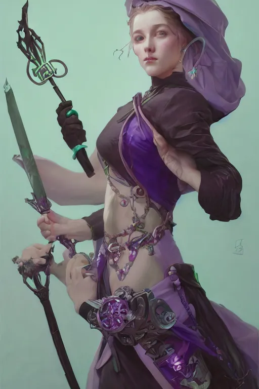 Image similar to portrait of a cute warlock girl with a staff in warlock armor, purple and green, by tom bagshaw and alphonse mucha and atey ghailan and artgerm and and greg rutkowski, hyper realistic, octane render, trending on artstation