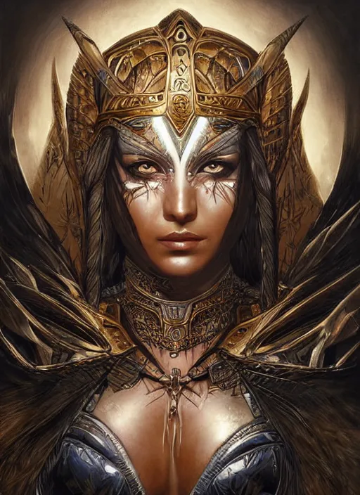 Prompt: a highly detailed symmetrical painting of a female amazon warrior with piercing beautiful eyes in dark tomb setting, dynamic lighting, ambient lighting, deviantart, art by artgerm and karol bak and mark brooks