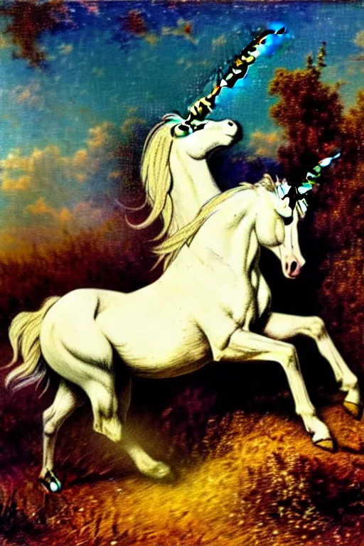 Prompt: unicorn breaking through barbed wire, photograph in style of gaston bussiere