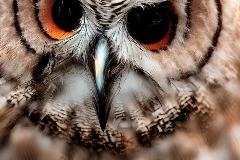 Image similar to closeup photo of the face of an owl, eye closeup, intricate detail, volumetric lighting, epic composition, hyper detailed, ultra realistic, sharp focus, octane render, volumetric, ray tracing, artstation, sense of awe, swirling mist, himalayan rocksalt lamp