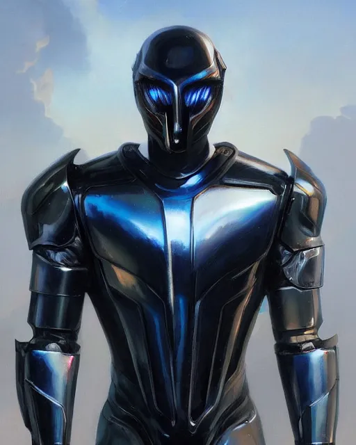 Image similar to iridescent wiry muscular male sleek glossy black pearlescent scifi armor with smooth black featureless helmet, by greg rutkowski and mark brookes and jim burns and tom bagshaw and magali villeneuve, trending on artstation