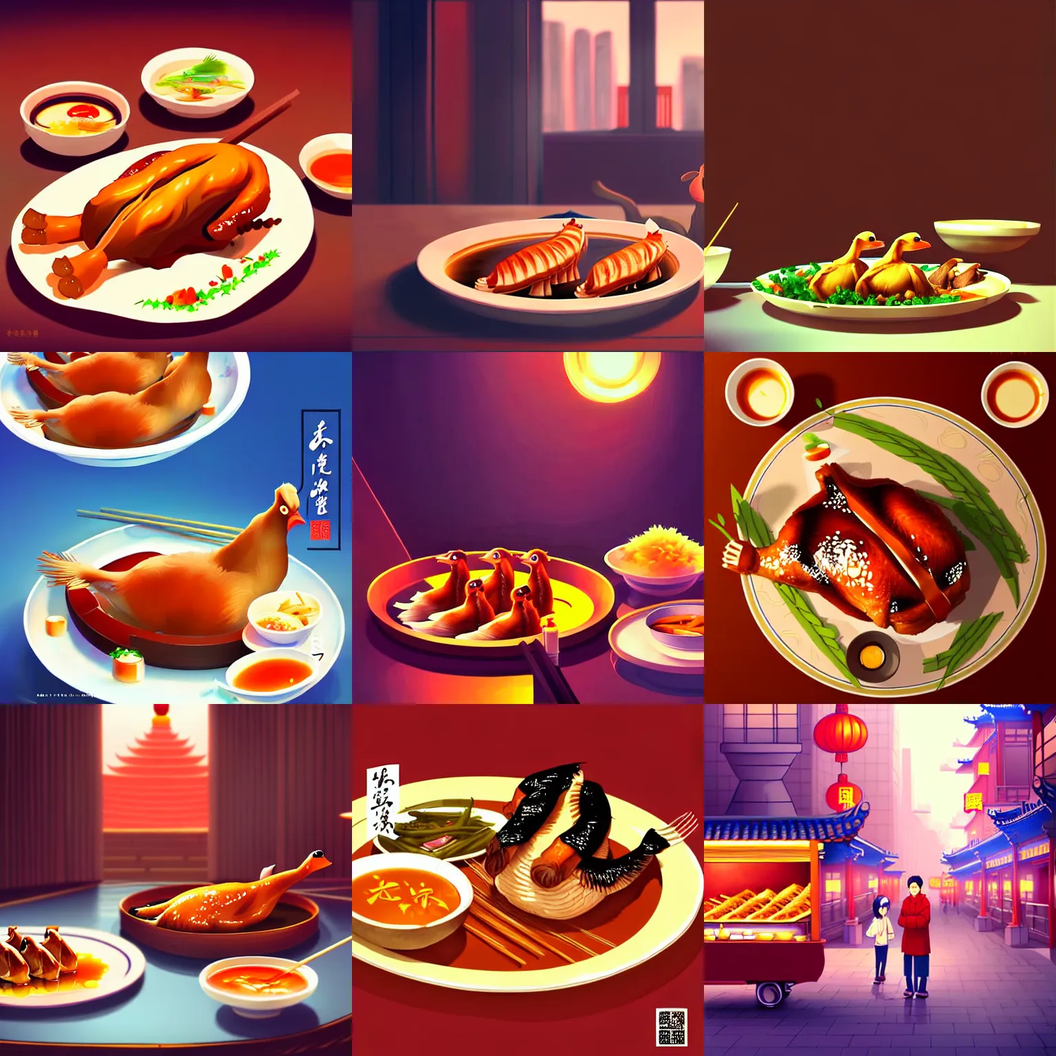 Prompt: delicious and tasty beijing roast duck, animation, by makoto shinkai, digital art, illustrations