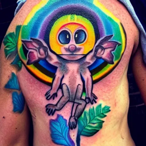 Image similar to shoulder tattoo of a multicolored hallucinating meditaing cute bush baby, eyes are rainbow spirals, happy mood, surrounded with colorful magic mushrooms and rainbow marihuana leaves, insanely integrate