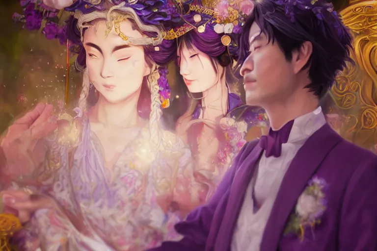 Image similar to a cinematic portrait of wedding photograph jpeg close up moment of a divine a japan sun god and moon goddess lovers magician at a wedding banquet. portraiture. digital painting. artstation. concept art. fantasy wedding photo. digital painting, 8 k realistic, hyper detailed, violet evergarden art masterpiece by art by krenz cushart