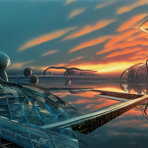 Image similar to bio-futurism, utopian city,differential growth,beautiful sunset,panoramic,michael whelan,photorealistic,detailed