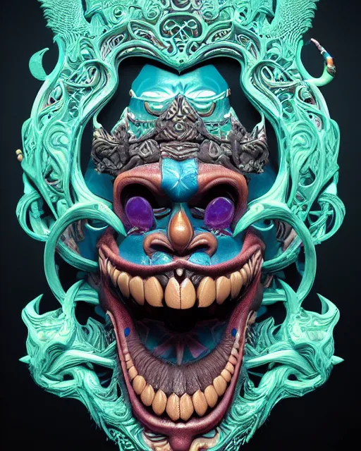 Image similar to 3 d ornate carved joker with tattoos profile portrait, sigma 5 0 0 mm f / 5. beautiful intricate highly detailed quetzalcoatl skull. bioluminescent, plasma, lava, ice, water, wind, creature, thunderstorm! artwork by tooth wu and wlop and beeple and greg rutkowski, 8 k trending on artstation