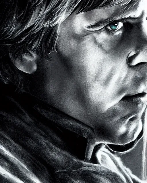 Prompt: very low angle high quality hyper realistic portrait of luke skywalker, dark dramatic portrait realistic and insanely detailed, 8 k