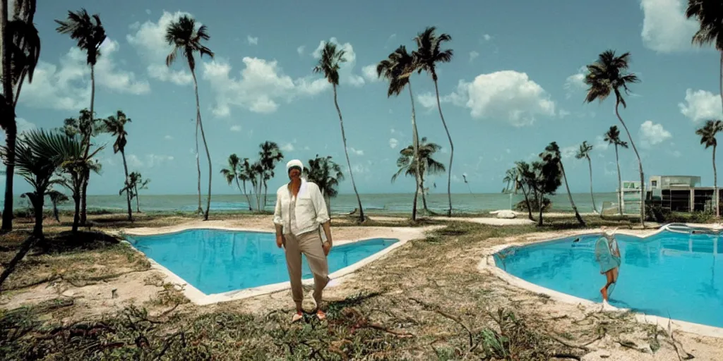 Image similar to wide shot of John Turturro standing in a surreal defunct florida keys abandoned resort with palm trees around a pool, a surreal vaporwave liminal space, 1970s thriller, color kodak Kubrick film, anamorphic lenses