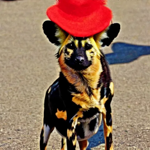 Image similar to A photo of the world's greatest sheriff: an african painted dog dressed in a hat!