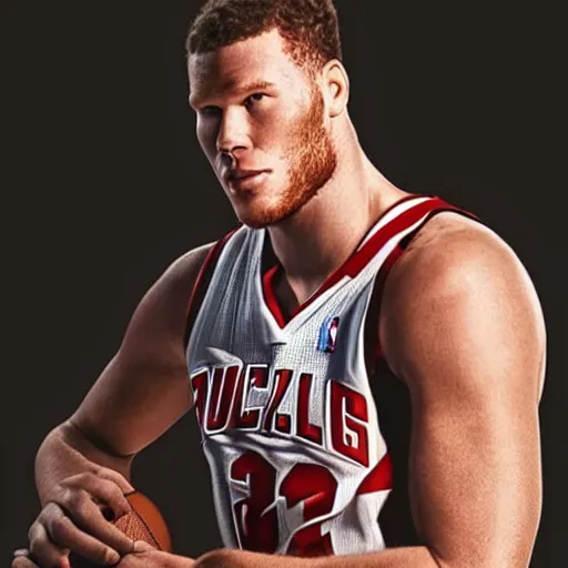 Image similar to “a realistic detailed photo of a guy who is an attractive humanoid who is half robot and half humanoid, who is a male android, basketball player Blake Griffin, shiny skin, posing like a statue, blank stare”