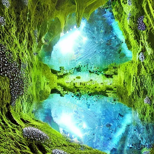 Image similar to a beautiful ultadetailed mossy cavern with sparkling clusters of crystals attached to the walls, gorgeous clear blue water, art by paul davis